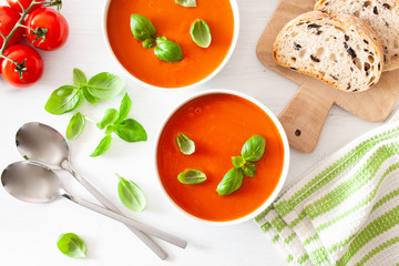 tomato soup flat lay on white backgorund