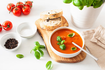 tomato soup flat lay on white backgorund