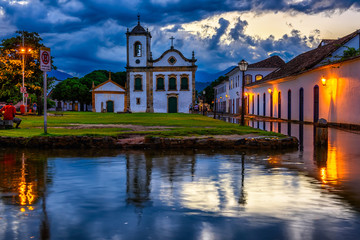 Historical center of Paraty at night, Rio de Janeiro, Brazil. Paraty is a preserved Portuguese...