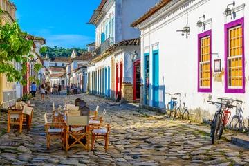 Stof per meter Street of historical center in Paraty, Rio de Janeiro, Brazil. Paraty is a preserved Portuguese colonial and Brazilian Imperial municipality © Ekaterina Belova