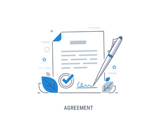 Document signing agreement. Flat modern line-art vector illustration.