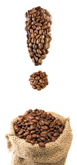 isolated image of coffee beans in the form of a exclamation mark and a bag of coffee beans
