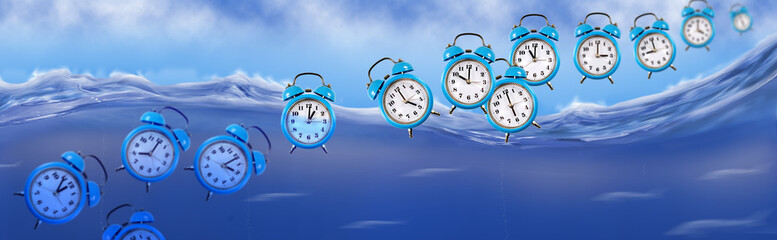 image of alarm clocks over the water as a symbol of allegory - time like water