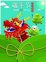 Vintage chinese rice dumplings cartoon character & dragon boat. Dragon boat festival illustration.(caption: Dragon Boat festival, 5th day of may)
