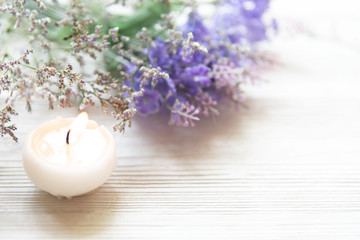 Lavender aromatherapy Spa with candle. Thai Spa relax Treatments and massage concrete background. Healthy Concept. Top view and Copy space for text