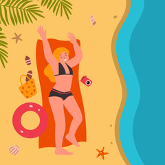 Summer holidays. Young blonde girl in a bathing suit. Concept, greeting card, banner, background, poster of summer holiday. Vector illustration of hand drawn flat style
