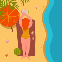 Summer holidays. Young redhead girl in a bathing suit reading a book. Concept, greeting card, banner, background, poster of summer holiday. Vector illustration of hand drawn flat style