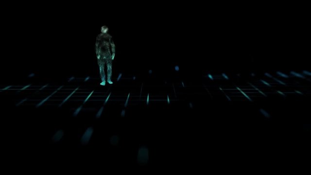 Human avatar in a digital world. Target circle appearing. Concept of individual targeting or network resource.