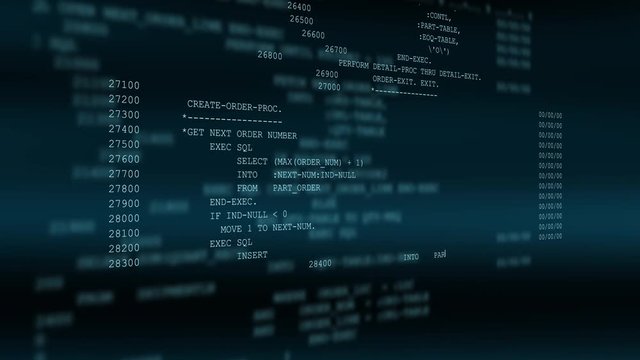 Changing random computer code on screen. Abstract backdrop of economical information, business and digital finance.