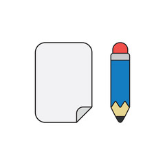 Vector icon concept of paper with pencil. Black outlines and colored.