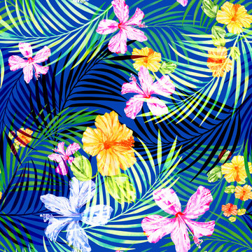 floral tropical seamless pattern on blue background.