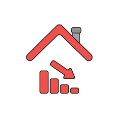 Vector icon concept of sales bar graph down under house roof. Black outlines and colored.