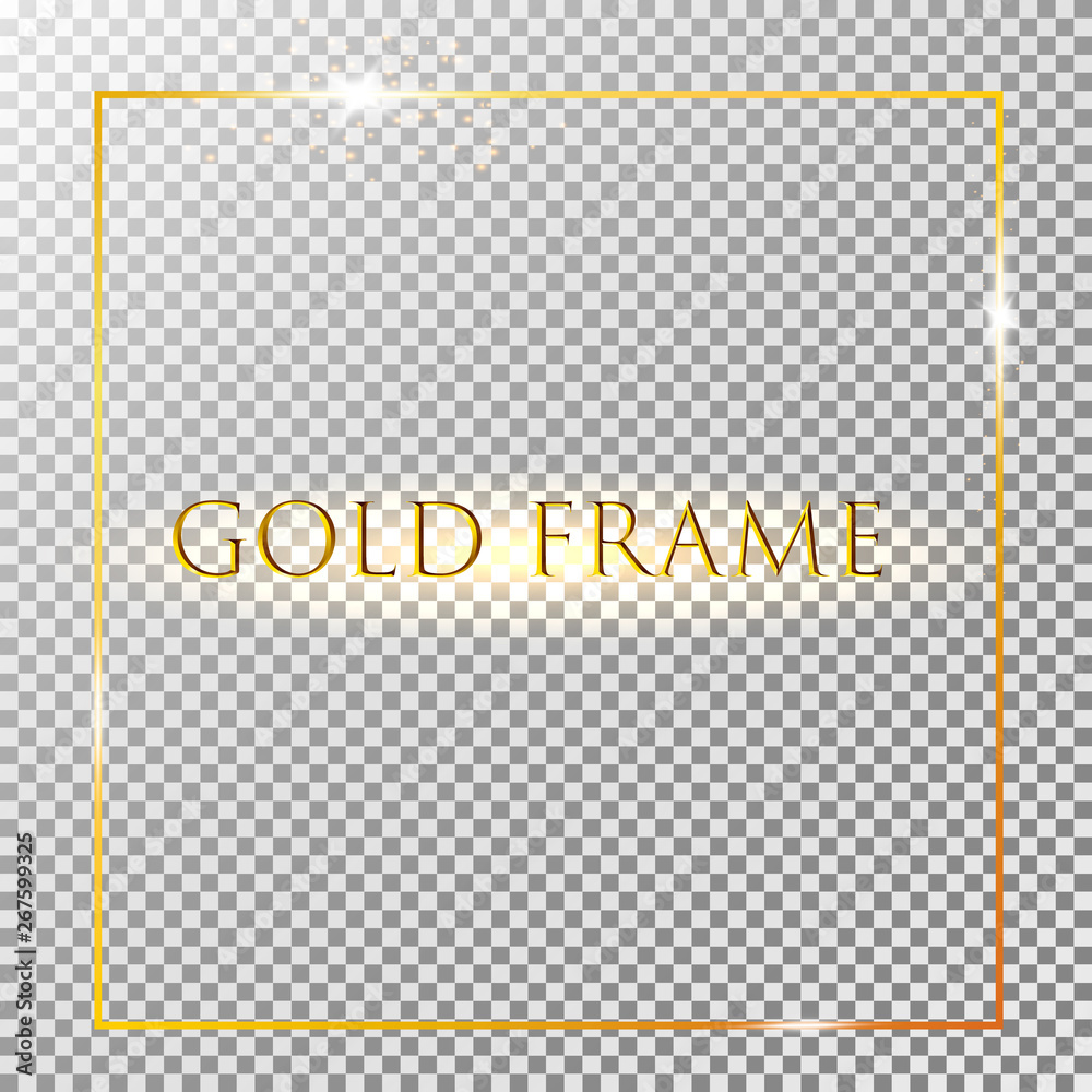 Poster Gold shiny glowing vintage frame with shadows isolated on transparent background. Golden luxury realistic rectangle border. Vector