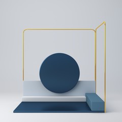 3d rendering abstract background with platforms to show a product. Circle in the background. Metallic dark blue shapes and golden forms. Elegant theme.  Luxury template. Shop display, frontal view.