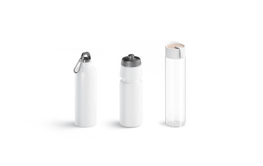 Blank white sport bottles types set mockups, isolated, side view, 3d rendering. Empty transparent containers varieties for water mock up. Clear acrylic flask for fitness in gym or travel template.
