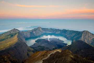 Fototapeta na wymiar Sunrise from Mount Rinjani - active volcano - Lombok, Indonesia