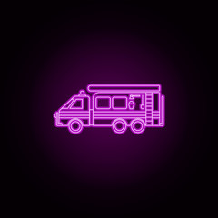 Fire engine neon icon. Elements of fireman set. Simple icon for websites, web design, mobile app, info graphics