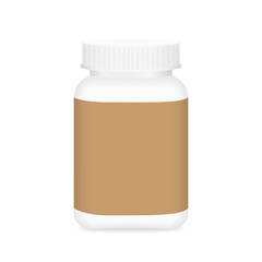 white medicine bottle and brown label, bottle plastic white packaging single blank for template design white background, package bottle packing pill, medicine, vitamin, drug tablet, supplement