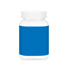 white medicine bottle and blue label, bottle plastic white packaging single blank for template design white background, package bottle packing pill, medicine, vitamin, drug tablet, supplement