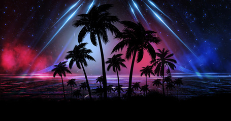 Space futuristic landscape. Neon palm tree, tropical leaves.