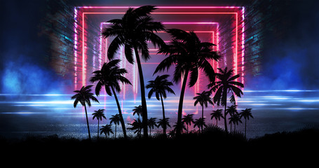 Space futuristic landscape. Neon palm tree, tropical leaves.