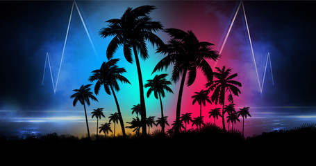 Space futuristic landscape. Neon palm tree, tropical leaves.