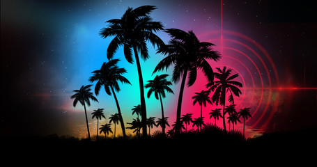 Space futuristic landscape. Neon palm tree, tropical leaves.