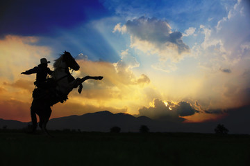 Fototapeta na wymiar Silhouette Cowboy on his horse riding on two legs