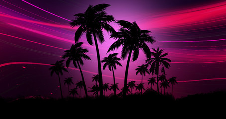 Fototapeta na wymiar Space futuristic landscape. Neon palm tree, tropical leaves.