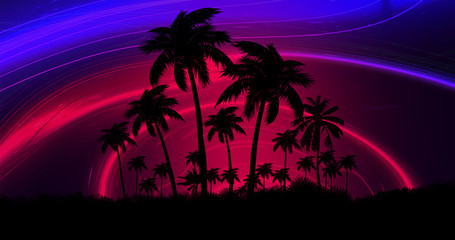 Space futuristic landscape. Neon palm tree, tropical leaves.