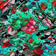 Watercolor, vintage seamless pattern - pomegranate fruit, pomegranate flowers, splash of paint, berries.  In the decorative style. pink, blue,  green, burgundy color. Abstract watercolor splash