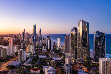 Fototapeta na wymiar Sunset view of Surfers Paradise on the Gold Coast looking from the south