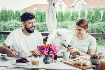 Delightful elegant wife sharing a laugh with good-appealing husband outdoors.