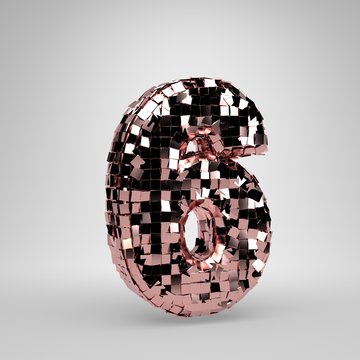 Rose Gold Disco Ball Number 6 On White Background. 3D Rendered Alphabet.