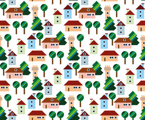 Town seamless pattern with colour houses and graphic trees