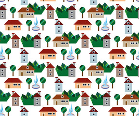 Town seamless pattern with colour houses and graphic trees