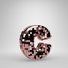 Rose Gold Disco ball lowercase letter C isolated on white background. 3D rendered alphabet.