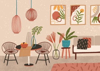 Stylish interior of cozy living room with sofa, chairs, table, pendant lights, home decorations. Comfortable apartment decorated in modern trendy Scandinavian hygge style. Flat vector illustration.