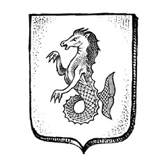 Animal for Heraldry in vintage style. Engraved coat of arms with fish horse, mythical creature. Medieval Emblems and the logo of the fantasy kingdom.