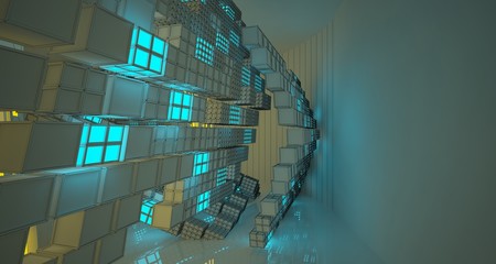 Abstract  Drawing Futuristic Sci-Fi interior With Yellow And Blue Glowing Neon Tubes . 3D illustration and rendering.