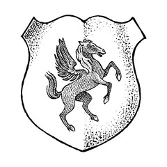 Animal for Heraldry in vintage style. Engraved coat of arms with Pegasus, mythical creature. Medieval Emblems and the logo of the fantasy kingdom.