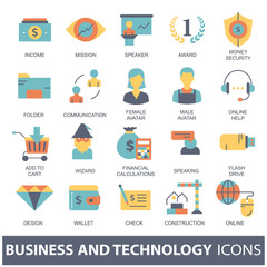 Set vector icons with elements for mobile concepts and web apps. Business and marketing, programming, data management, internet connection, social network, computing, information. Vector