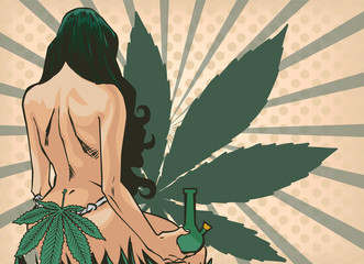 Lady with cannabis leaf. The marijuana leafs on the background. Naked woman, vector image