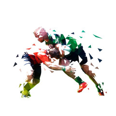 Rugby players, isolated low polygonal vector illustration. Two rugby players are running towards each other - obrazy, fototapety, plakaty