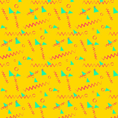 Handmade vector modern pattern with green triangle, pink circle and zigzag on a bright yellow background. Ready to use in banners, textile, fabrics, wallpapers, poster, flyers and social media.