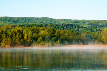 White swans on a mountain lake spring day under the open sky against the background of high...