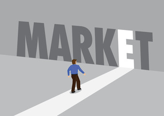 Businessman walking towards a light path with the text market. Business concept of marketing, promotion or challenges. Vector illustration.