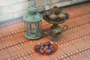 Ramadan concept. Dates fruit (kurma) with decorative Arabic concept background. - Image 