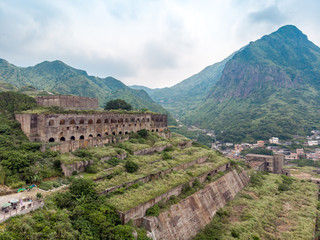 13-Layer Remains (Remains of Copper Refinery) Aerial View in Yinyang Sea of Shuinandong, Ruifang District, New Taipei, Taiwan.