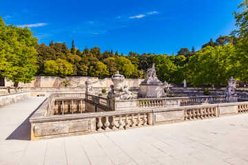 A beautiful fountain in the Jardin de la fontaine in Nimes, France